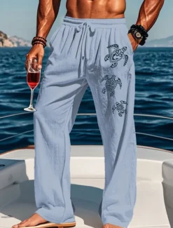 Men's Cotton Linen Pants Drawstring Elastic Waist Wide Leg Baggy Pants Turtle Sea Creatures Comfort Full Length Outdoor Streetwear Vacation Hawaiian Trousers White Blue Micro-elastic