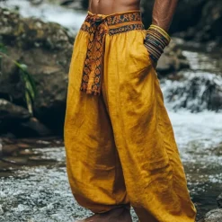 Men's Cotton Linen Pants Summer Pants Bloomers Baggy Pants Pocket Color Block Comfort Breathable Daily Holiday Retro Vintage Chinese Style Yellow