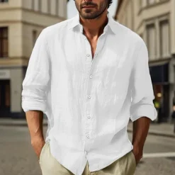 Men's Cotton Linen Shirt Plain Vacation Black White Pink Sky Blue Long Sleeve Turndown Clothing Apparel
