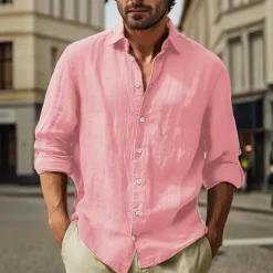 Men's Cotton Linen Shirt Plain Vacation Black White Pink Sky Blue Long Sleeve Turndown Clothing Apparel