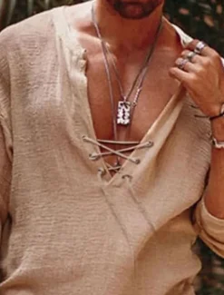 Men's Cotton Linen Shirt Summer Shirt Casual Shirt Beach Shirt Beige Long Sleeve Plain V Neck Spring & Summer Casual Daily Clothing Apparel Drawstring
