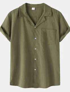 Men's Cotton Linen Shirt White Cotton Shirt Summer Shirt Casual Shirt Cuban Collar Shirt Plain Vacation Hawaiian Black White Yellow Green Short Sleeve Lapel Spring & Summer Clothing Apparel Pocket