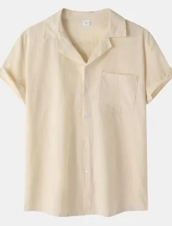 Men's Cotton Linen Shirt White Cotton Shirt Summer Shirt Casual Shirt Cuban Collar Shirt Plain Vacation Hawaiian Black White Yellow Green Short Sleeve Lapel Spring & Summer Clothing Apparel Pocket