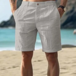 Men's Cotton Linen Shorts Summer Shorts Beach Shorts Buttons Pocket Plain Comfort Breathable Short Vacation Holiday Beach Hawaiian Boho White Khaki