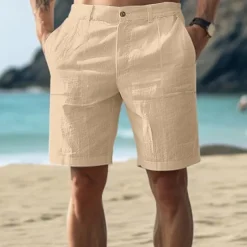 Men's Cotton Linen Shorts Summer Shorts Beach Shorts Buttons Pocket Plain Comfort Breathable Short Vacation Holiday Beach Hawaiian Boho White Khaki