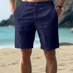 Men's Cotton Linen Shorts Summer Shorts Beach Shorts Buttons Pocket Plain Comfort Breathable Short Vacation Holiday Beach Hawaiian Boho White Khaki