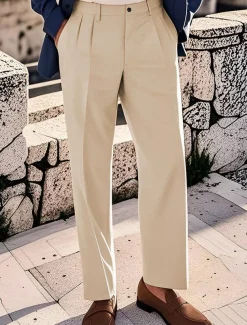 Men's Cotton Pants Chinos Buttons Pocket Pleats Plain Comfort Work Business Classic Style Black Navy Blue Micro-elastic