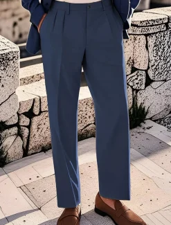 Men's Cotton Pants Chinos Buttons Pocket Pleats Plain Comfort Work Business Classic Style Black Navy Blue Micro-elastic