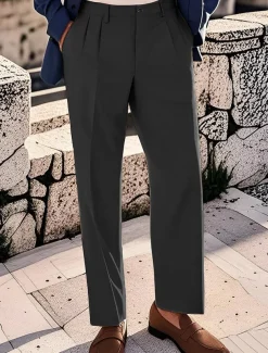 Men's Cotton Pants Chinos Buttons Pocket Pleats Plain Comfort Work Business Classic Style Black Navy Blue Micro-elastic