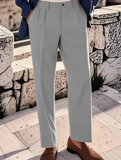 Men's Cotton Pants Chinos Buttons Pocket Pleats Plain Comfort Work Business Classic Style Black Navy Blue Micro-elastic