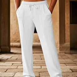 Men's Cotton Pants Pocket Drawstring Elastic Waist Plain Comfort Breathable Vacation Hawaiian Boho Black White