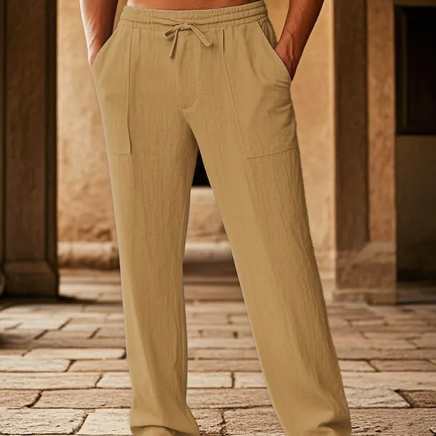 Men's Cotton Pants Pocket Drawstring Elastic Waist Plain Comfort Breathable Vacation Hawaiian Boho Black White