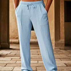 Men's Cotton Pants Pocket Drawstring Elastic Waist Plain Comfort Breathable Vacation Hawaiian Boho Black White