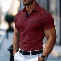 Men's Cotton Polo Shirt Golf Shirt Work Casual Lapel Short Sleeve Basic Modern Color Block Patchwork Button Spring & Summer Regular Fit Army Green Lake blue Forest Green Black White Burgundy Cotton
