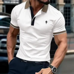 Men's Cotton Polo Shirt Golf Shirt Casual Holiday Lapel Short Sleeve Fashion Basic Color Block Patchwork Summer Regular Fit Navy-blue milk white khaki Cotton Polo Shirt