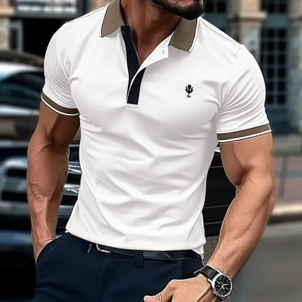 Men's Cotton Polo Shirt Golf Shirt Casual Holiday Lapel Short Sleeve Fashion Basic Color Block Patchwork Summer Regular Fit Navy-blue milk white khaki Cotton Polo Shirt