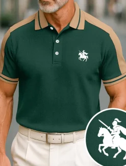 Men's Cotton Polo Shirt Golf Shirt Business Lapel Short Sleeve Fashion Basic Color Block Patchwork Embroidered Summer claret Black Green ash-colored Deep Blue Light Blue Cotton Polo Shirt