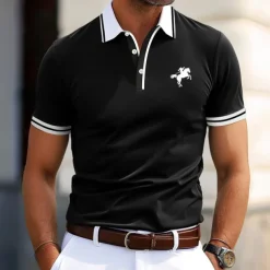 Men's Cotton Polo Shirt Golf Shirt Business Casual Ribbed Polo Collar Short Sleeve Fashion Basic Solid Color Color Block Buttons Summer Spring & Fall Regular Fit Light Blue Black Blue Cotton Polo