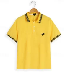 Men's Cotton Polo Shirt Golf Shirt Casual Sports Ribbed Polo Collar Short Sleeve Fashion Basic Color Block Patchwork Embroidered Summer Regular Fit Black White Yellow Gray Cotton Polo Shirt