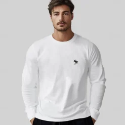 Men's Cotton T shirt Tee Embroidered Palm Tree Crew Neck Training Outdoor Long Sleeve Clothing Apparel Elegant Warm Vacation Vintage