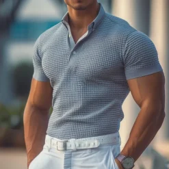Men's Cotton Waffle Polo Shirts Golf Shirt Casual Holiday Lapel Ribbed Polo Collar Short Sleeve Fashion Basic Plain Buttons Soft Summer Spring Regular Fit White Yellow Green Gray Waffle Polo