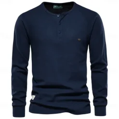 Men's Cotton Waffle Shirt Henley School Training Long Sleeve Button Clothing Apparel Elegant Warm Active Vintage