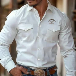 Men's Cow Letter Printed Western Shirt Button Up Shirt Shirt Jacket Long Sleeve Fashion Casual Outdoor Streetwear Spring Fall Turndown Collared Shirts Front Two Pockets White Pink Light Blue