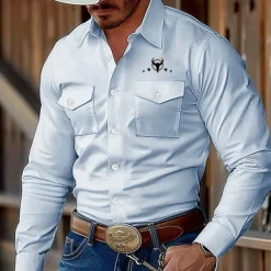 Men's Cow Print Western Shirt Button Up Shirt Shirt Jacket Long Sleeve Fashion Casual Outdoor Streetwear Spring Fall Turndown Collared Shirts Front Two Pockets Light Blue White Pink