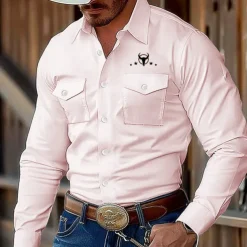 Men's Cow Print Western Shirt Button Up Shirt Shirt Jacket Long Sleeve Fashion Casual Outdoor Streetwear Spring Fall Turndown Collared Shirts Front Two Pockets Light Blue White Pink