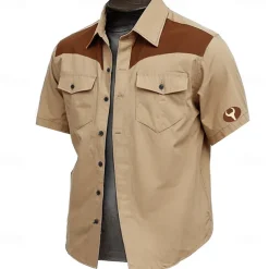 Men's Cow Print Work Shirt Western Shirt Cargo Shirt Short Sleeve Vintage Casual Western Style Sports & Outdoor Going out Summer Spring Turndown Print Brown Green Khaki