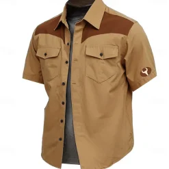 Men's Cow Print Work Shirt Western Shirt Cargo Shirt Short Sleeve Vintage Casual Western Style Sports & Outdoor Going out Summer Spring Turndown Print Brown Green Khaki