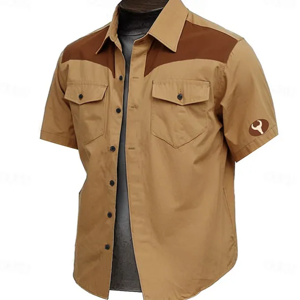 Men's Cow Print Work Shirt Western Shirt Cargo Shirt Short Sleeve Vintage Casual Western Style Sports & Outdoor Going out Summer Spring Turndown Print Brown Green Khaki