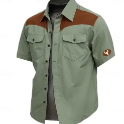 Men's Cow Print Work Shirt Western Shirt Cargo Shirt Short Sleeve Vintage Casual Western Style Sports & Outdoor Going out Summer Spring Turndown Print Brown Green Khaki