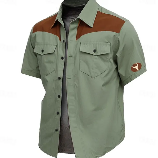 Men's Cow Print Work Shirt Western Shirt Cargo Shirt Short Sleeve Vintage Casual Western Style Sports & Outdoor Going out Summer Spring Turndown Print Brown Green Khaki