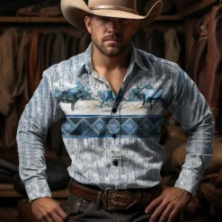 Men's Cow Shirt Western Shirt Cowboy Shirt Long Sleeve Vintage Western Style Outdoor Street Casual Daily Fall & Winter Turndown Buttons Print Blue Brown Gray