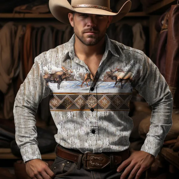 Men's Cow Shirt Western Shirt Cowboy Shirt Long Sleeve Vintage Western Style Outdoor Street Casual Daily Fall & Winter Turndown Buttons Print Blue Brown Gray