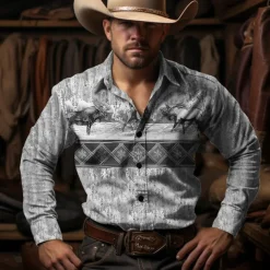 Men's Cow Shirt Western Shirt Cowboy Shirt Long Sleeve Vintage Western Style Outdoor Street Casual Daily Fall & Winter Turndown Buttons Print Blue Brown Gray