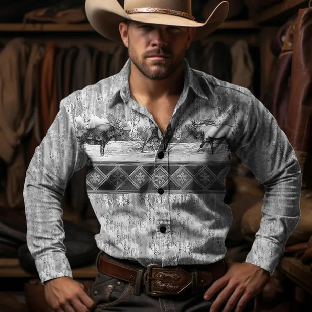 Men's Cow Shirt Western Shirt Cowboy Shirt Long Sleeve Vintage Western Style Outdoor Street Casual Daily Fall & Winter Turndown Buttons Print Blue Brown Gray