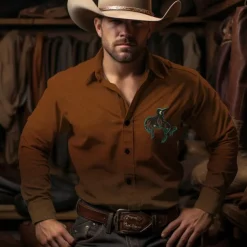 Men's Cowboy Shirt Western Shirt Cowboy Shirt Long Sleeve Vintage Western Style Outdoor Street Casual Daily Fall & Winter Turndown Buttons Print Brown Green