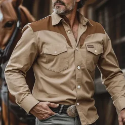 Men's Cowboy Shirt Western Shirt Cowboy Shirt Long Sleeve Vintage Western Style Outdoor Work Casual Daily Fall & Winter Turndown Buttons Print Khaki