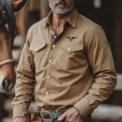 Men's Cowboy Shirt Western Shirt Cowboy Shirt Long Sleeve Vintage Western Style Outdoor Work Casual Daily Fall & Winter Turndown Buttons Print Brown
