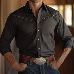 Men's Cowboy Shirt Western Shirt Cowboy Shirt Long Sleeve Western Style Outdoor Street Casual Daily Fall & Winter Turndown Buttons Print Black Brown