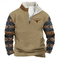 Men's Cowboy Sweatshirt Quarter Zip Sweatshirt Long Sleeve Sweatshirt Stand Collar Quarter Zip Casual Vintage Retro 3D Print Vacation Going out Streetwear Half Zip Fall Winter