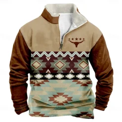 Men's Cowboy Sweatshirt Quarter Zip Sweatshirt Long Sleeve Sweatshirt Stand Collar Quarter Zip Casual Vintage Retro 3D Print Vacation Going out Streetwear Half Zip Fall Winter