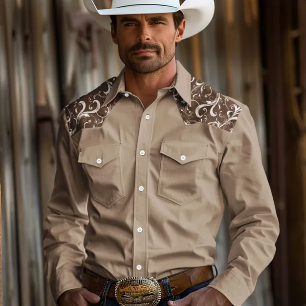 Men's Cowboy Western Shirt Button Up Shirt Cowboy Shirt Long Sleeve Vintage Western Outdoor Daily Holiday Spring Fall Winter Turndown Collared Shirts 3D Print Brown