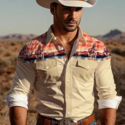 Men's Cowboy Western Shirt Button Up Shirt Cowboy Shirt Long Sleeve Vintage Western Daily Wear Going out Weekend Spring Fall Winter Turndown Collared Shirts 3D Print Front Pocket Blue Green Khaki Gray