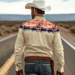 Men's Cowboy Western Shirt Button Up Shirt Cowboy Shirt Long Sleeve Vintage Western Daily Wear Going out Weekend Spring Fall Winter Turndown Collared Shirts 3D Print Front Pocket Blue Green Khaki Gray