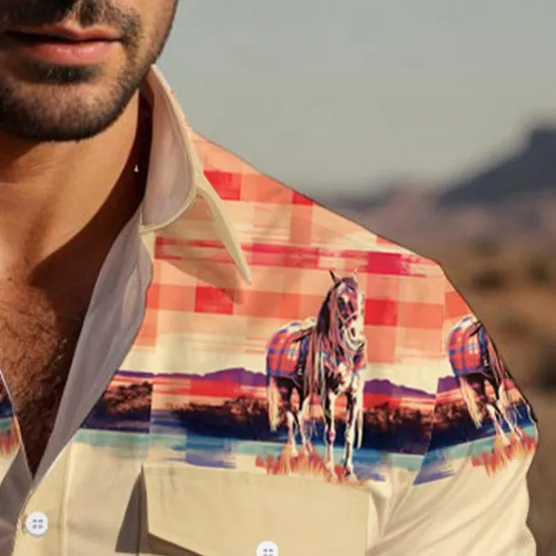 Men's Cowboy Western Shirt Button Up Shirt Cowboy Shirt Long Sleeve Vintage Western Daily Wear Going out Weekend Spring Fall Winter Turndown Collared Shirts 3D Print Front Pocket Blue Green Khaki Gray