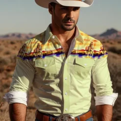 Men's Cowboy Western Shirt Button Up Shirt Cowboy Shirt Long Sleeve Vintage Western Daily Wear Going out Weekend Spring Fall Winter Turndown Collared Shirts 3D Print Front Pocket Blue Green Khaki Gray