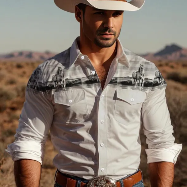 Men's Cowboy Western Shirt Button Up Shirt Cowboy Shirt Long Sleeve Vintage Western Daily Wear Going out Weekend Spring Fall Winter Turndown Collared Shirts 3D Print Front Pocket Blue Green Khaki Gray